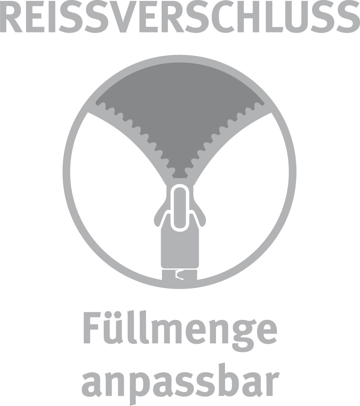 Grafik eines Reißverschlusses mit der Aufschrift 'Füllmenge anpassbar', frontal betrachtet.