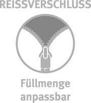 Grafik eines Reißverschlusses mit der Aufschrift 'Füllmenge anpassbar', frontal betrachtet.