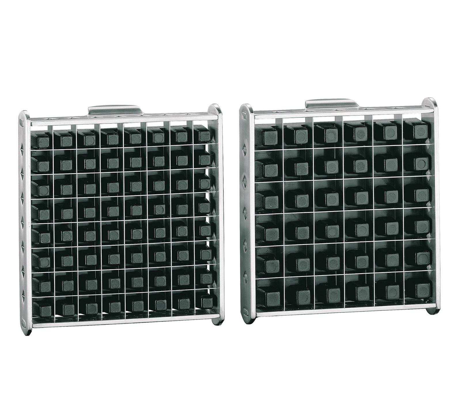 Zwei Pommes-Frites-Schneider-Einsätze aus Metall, frontal abgebildet, mit quadratischen Gittern zur Herstellung von gleichmäßigen Pommes-Frites.