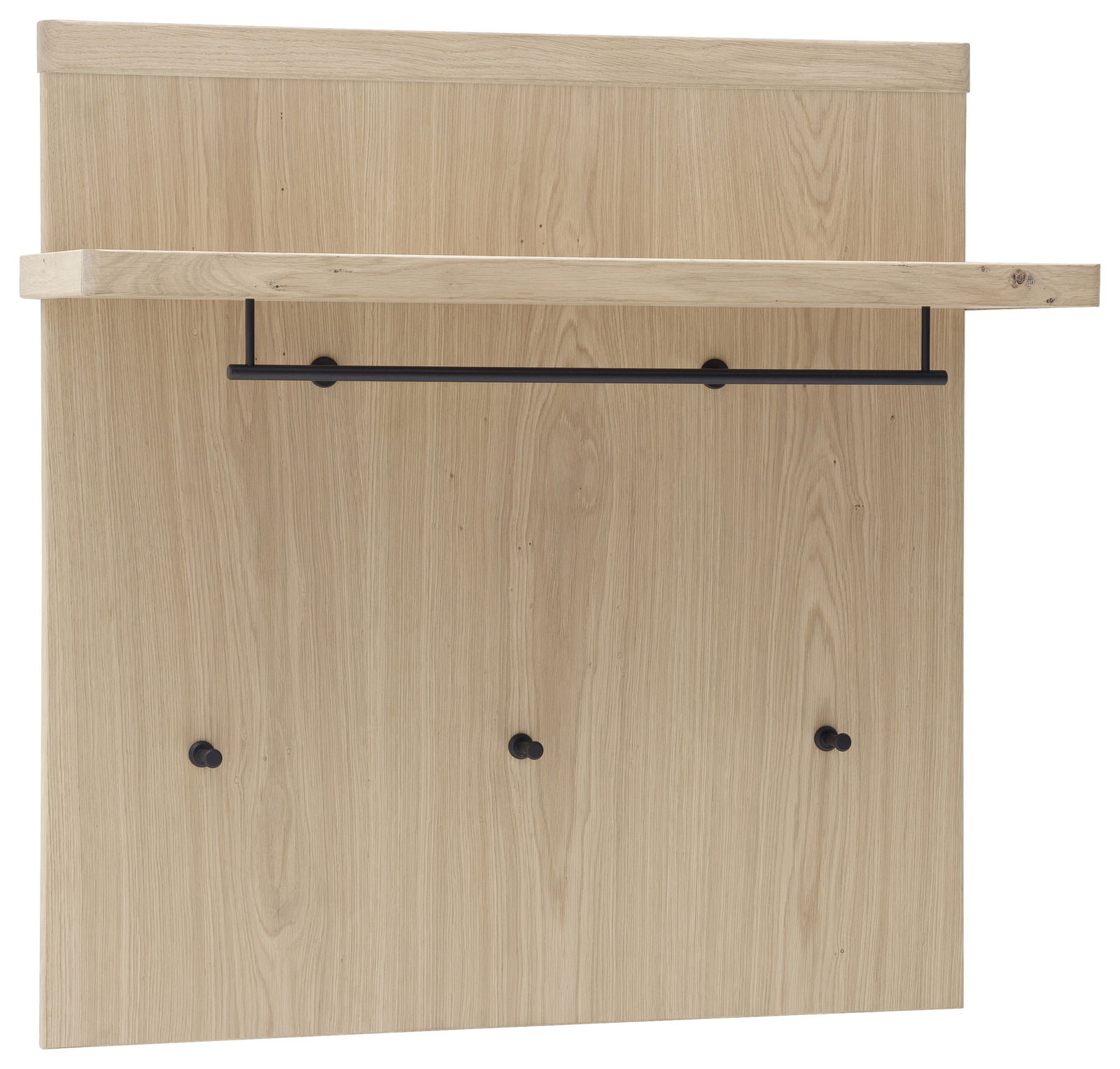 Garderobenpaneel aus hellem Holz mit einer Ablage und drei schwarzen Haken, frontale Ansicht.