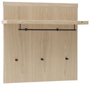Garderobenpaneel aus hellem Holz mit einer Ablage und drei schwarzen Haken, frontale Ansicht.