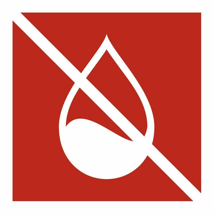 Symbol für eine durchgestrichene Wassertröpfchen auf rotem Hintergrund, Vorderansicht