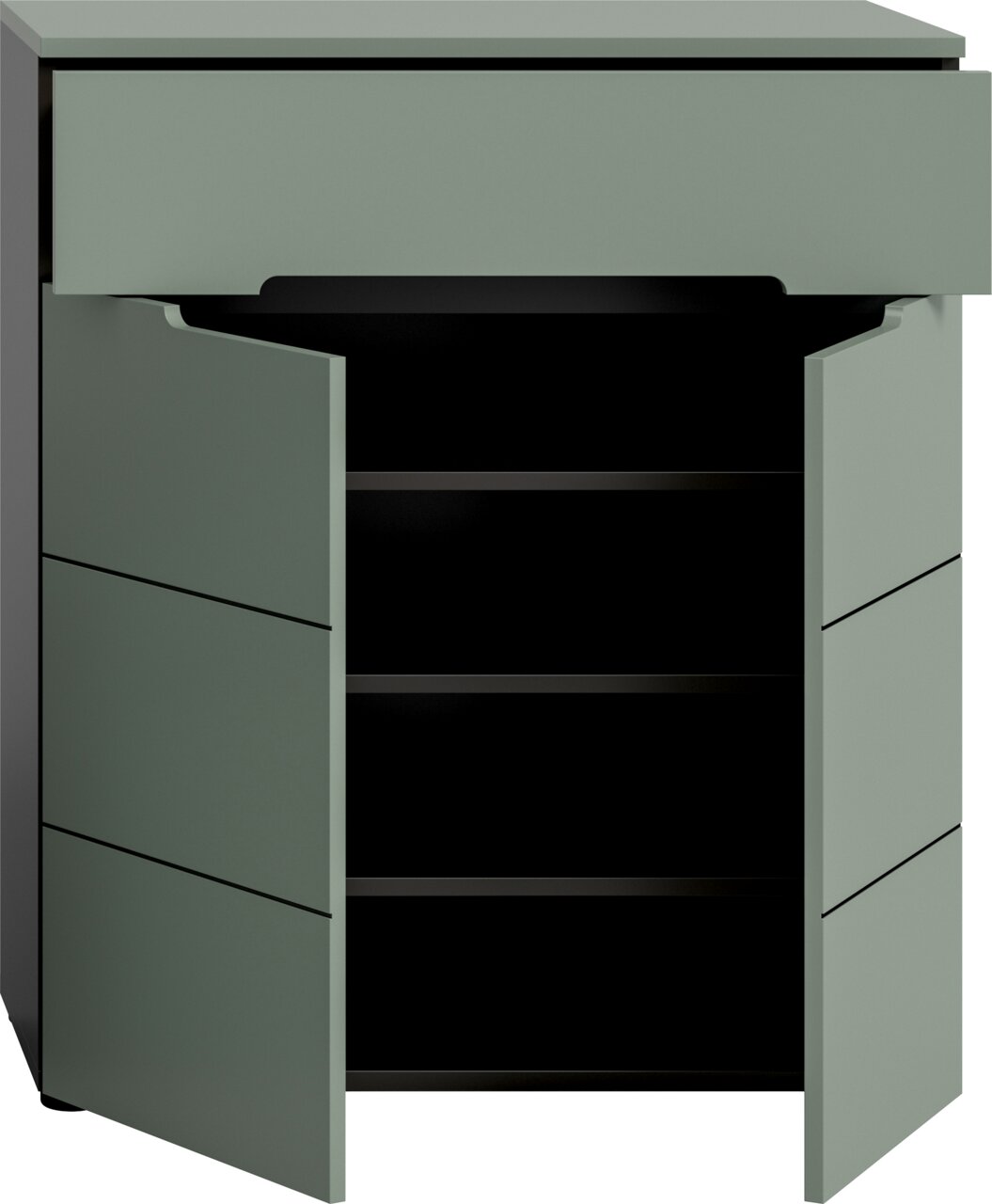 Modernes Sideboard/Kommode in mattem Salbeigrün mit geöffneter Tür und schwarzem Innenraum, Frontansicht leicht von oben