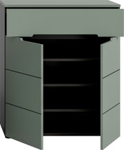 Modernes Sideboard/Kommode in mattem Salbeigrün mit geöffneter Tür und schwarzem Innenraum, Frontansicht leicht von oben