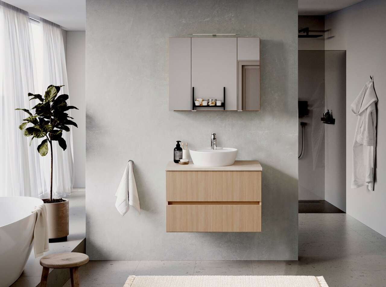 Modernes Waschtisch-Set mit Holzschubladen und rundem Waschbecken, frontal betrachtet in einem stilvollen Badezimmer.