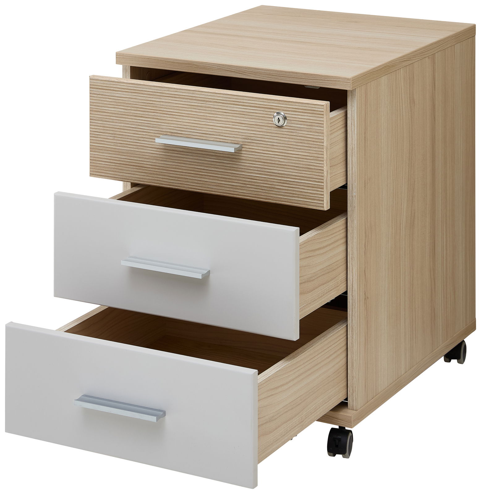 Rollcontainer mit drei offenen Schubladen, zwei in Weiß und eine in Holzoptik, auf Rollen, seitliche Perspektive