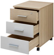 Rollcontainer mit drei offenen Schubladen, zwei in Weiß und eine in Holzoptik, auf Rollen, seitliche Perspektive