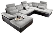 Großes, modernes Ecksofa in U-Form mit grauem Stoffbezug und schwarzen Lederakzenten, aus der Vogelperspektive fotografiert.