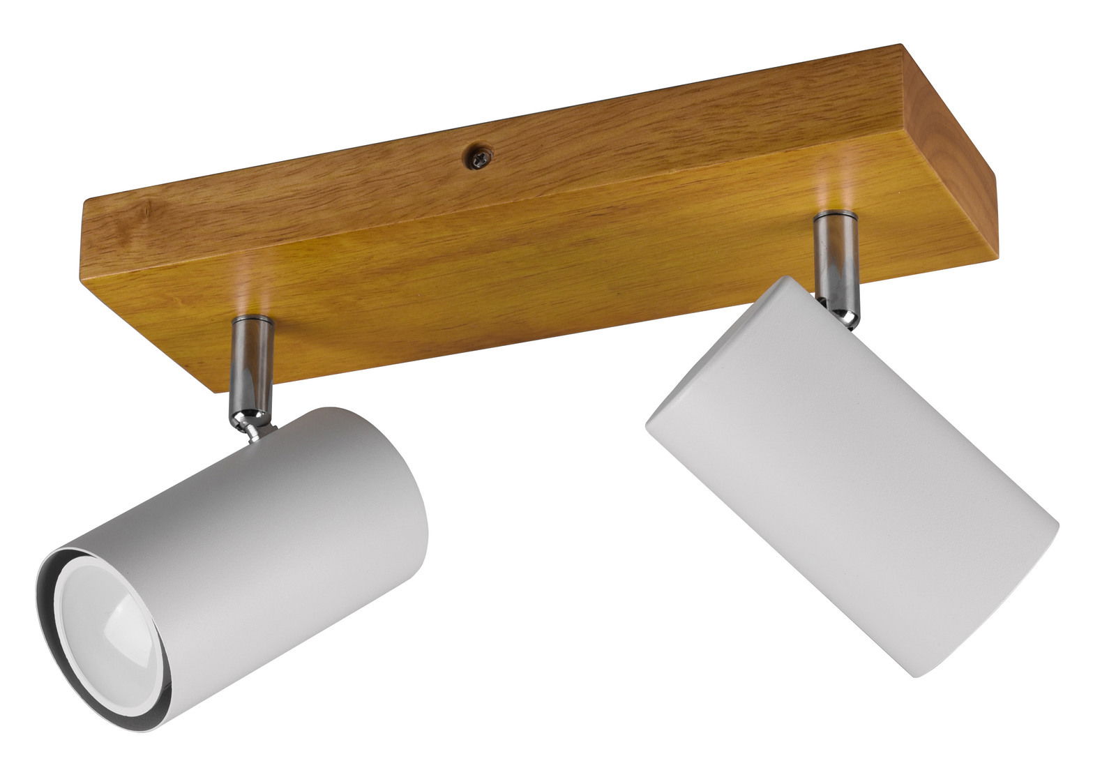 Zweiflammiger Spot MARLEY mit Holzhalterung und zwei verstellbaren, zylinderförmigen Leuchten in Weiß, seitliche Perspektive