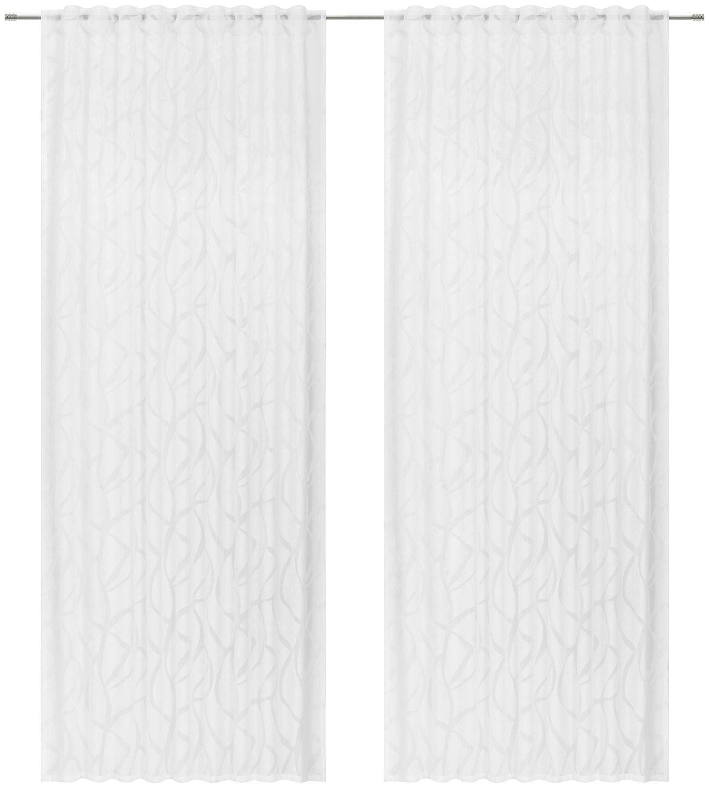 Zwei weiße Fertigvorhänge mit dezentem Muster, frontal betrachtet.