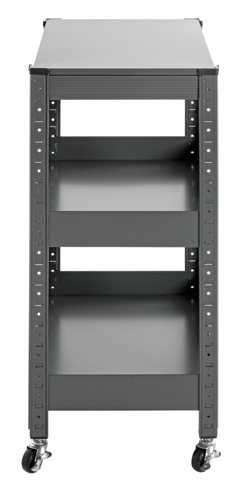 Vorderansicht eines grauen Servierwagens mit Rollen und mehreren Ablageflächen.