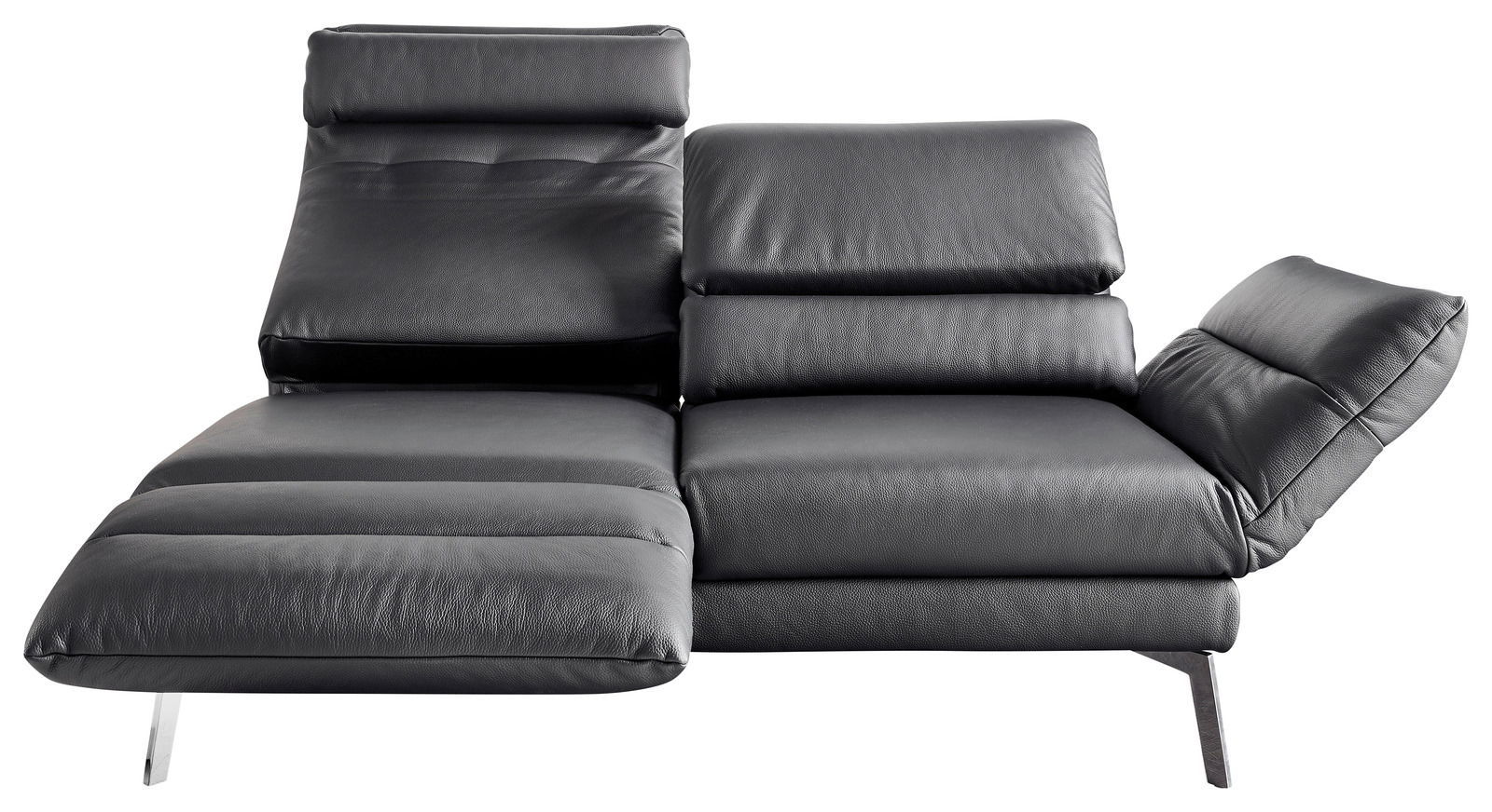 Modernes, schwarzes 2er-Sofa mit verstellbaren Rückenlehnen, seitliche Perspektive