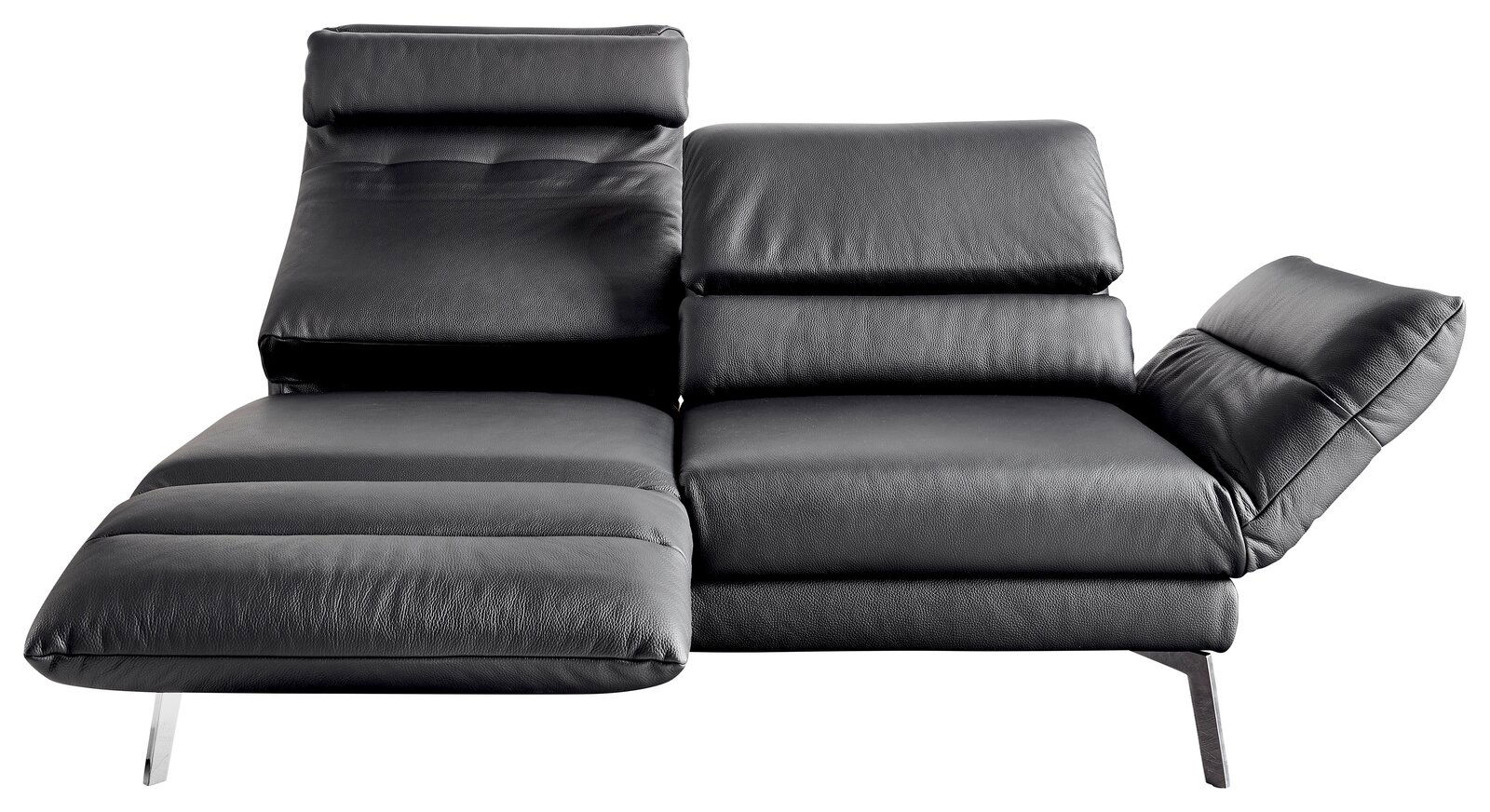 Modernes, schwarzes 2er-Sofa mit verstellbaren Rückenlehnen, seitliche Perspektive