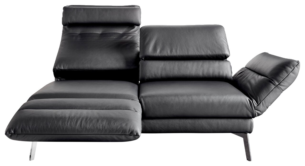 Modernes, schwarzes 2er-Sofa mit verstellbaren Rückenlehnen, seitliche Perspektive