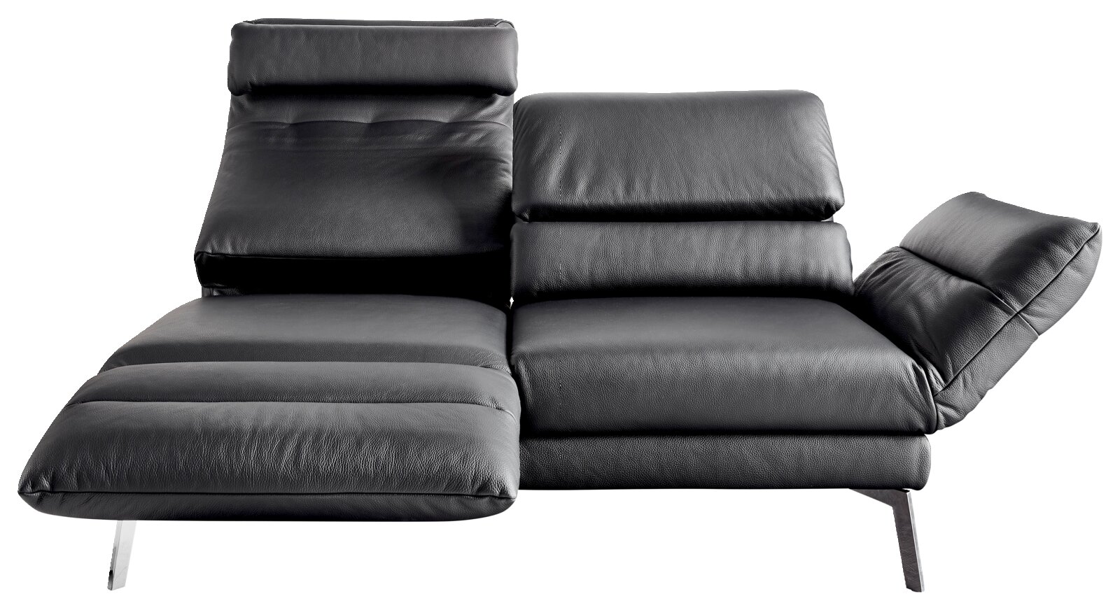 Modernes, schwarzes 2er-Sofa mit verstellbaren Rückenlehnen, seitliche Perspektive