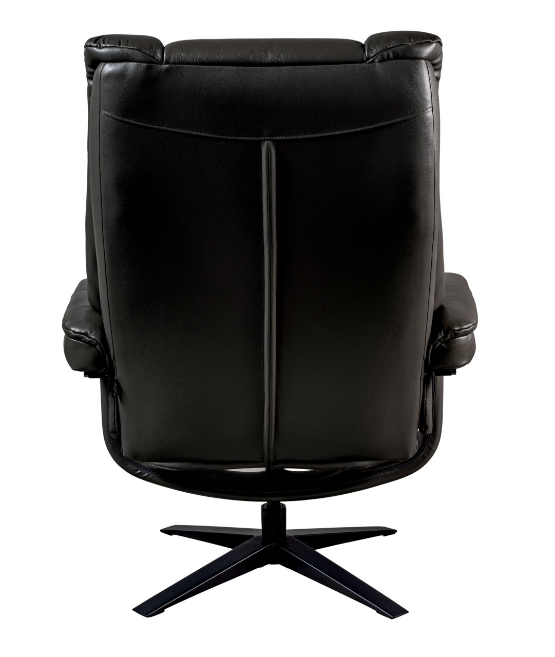 Rückansicht eines schwarzen Relaxsessels mit Hocker, auf einem stabilen Metallfuß.