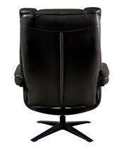 Rückansicht eines schwarzen Relaxsessels mit Hocker, auf einem stabilen Metallfuß.