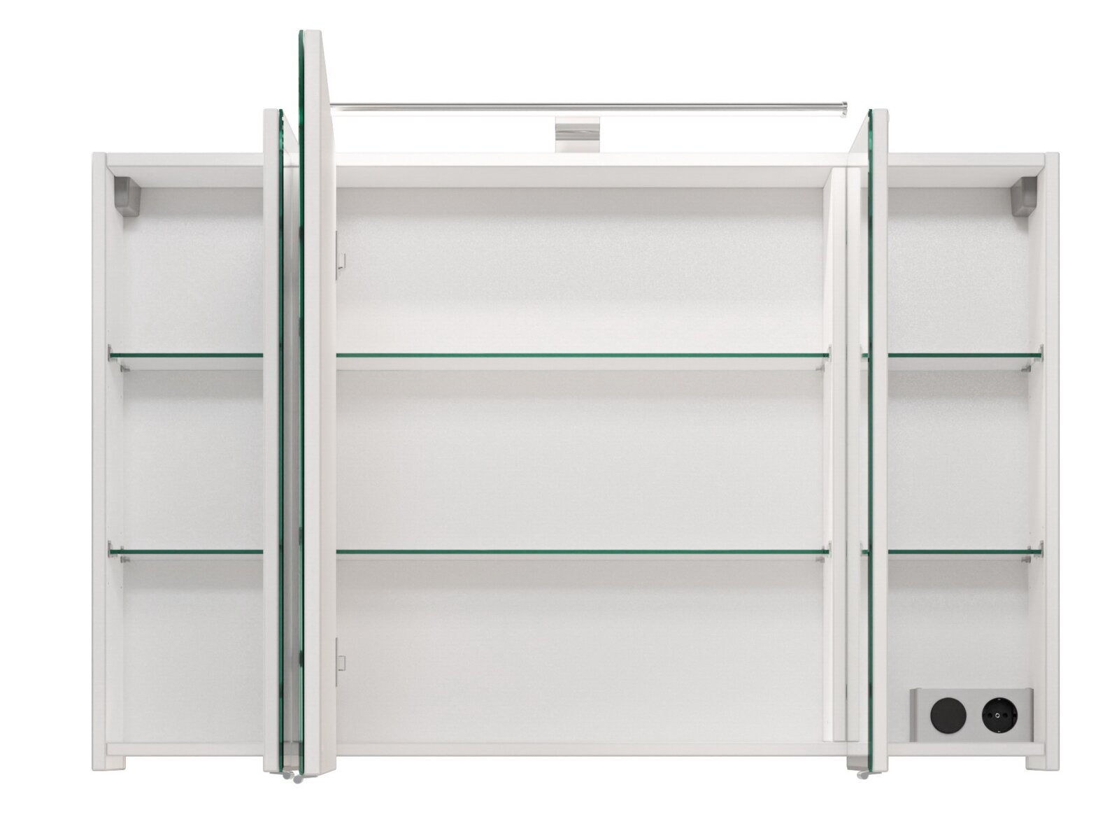 Weißer Badezimmerspiegelschrank mit geöffneten Spiegeltüren, Glasablagen und integrierter Leuchte oben, Frontansicht.