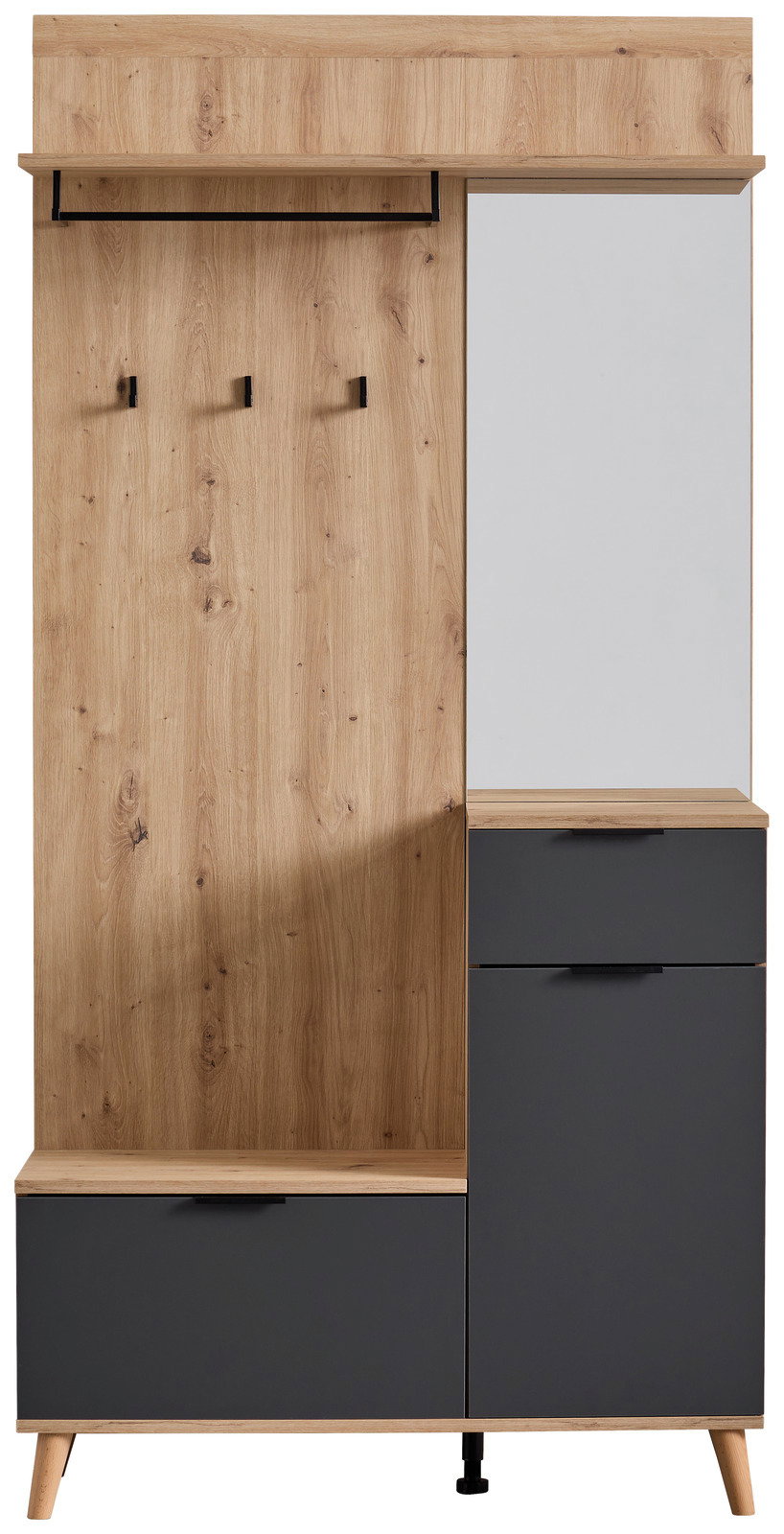 Kompaktgarderobe aus Holz mit Spiegel, Haken und Stauraum, Frontalansicht