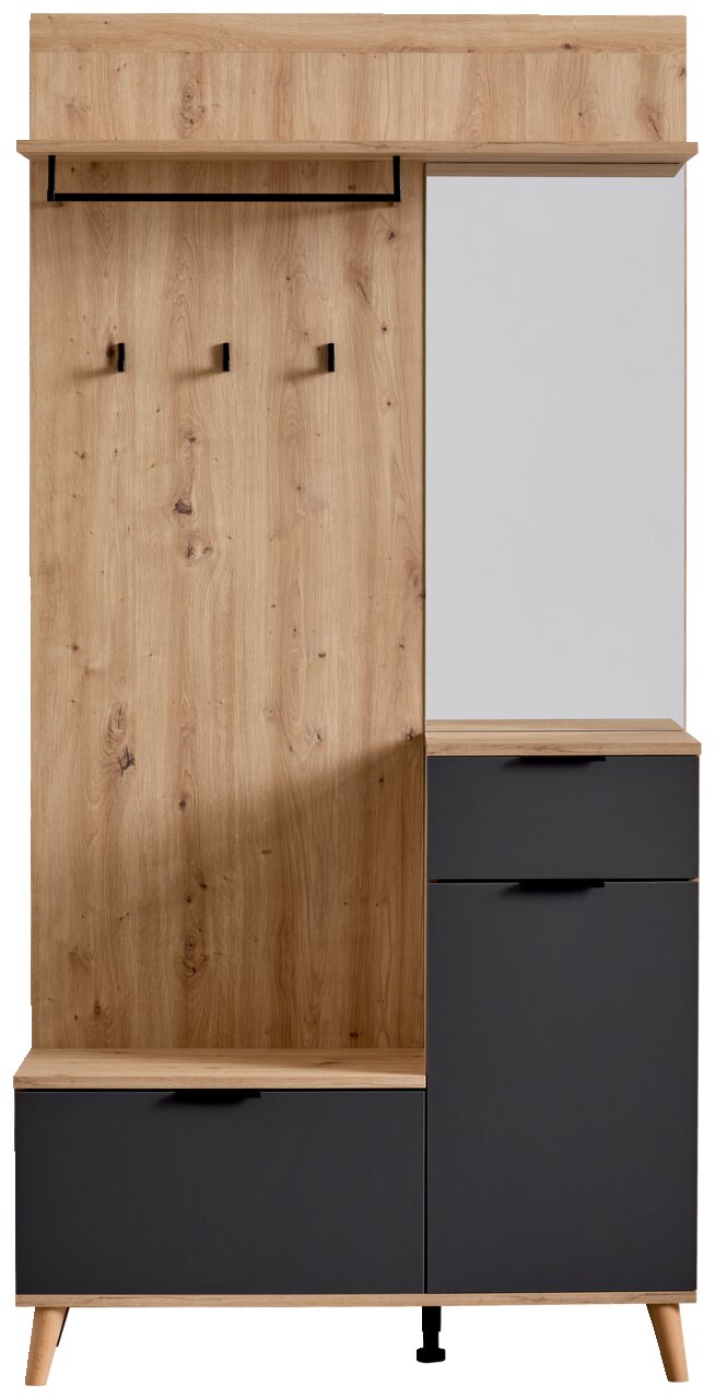 Kompaktgarderobe aus Holz mit Spiegel, Haken und Stauraum, Frontalansicht
