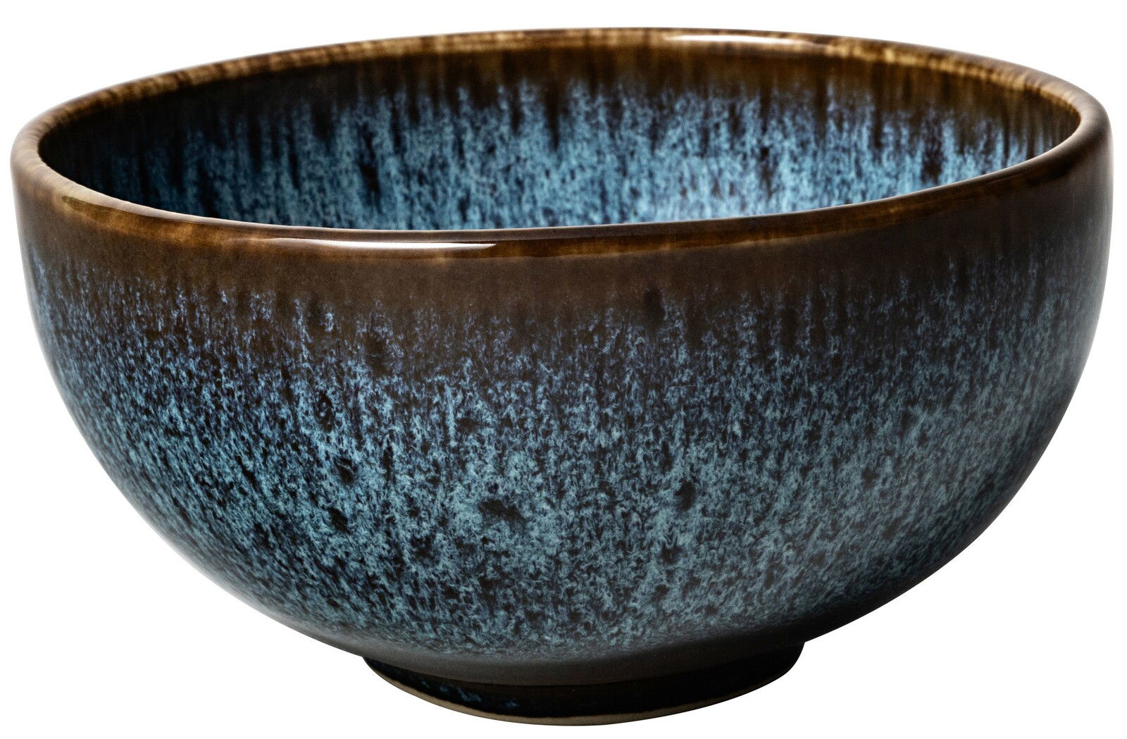 Like by Villeroy & Boch Suppenbowl LAVE GLACE Seitliche Ansicht einer blauen Müslischale mit braunem Rand und einzigartigem Muster.