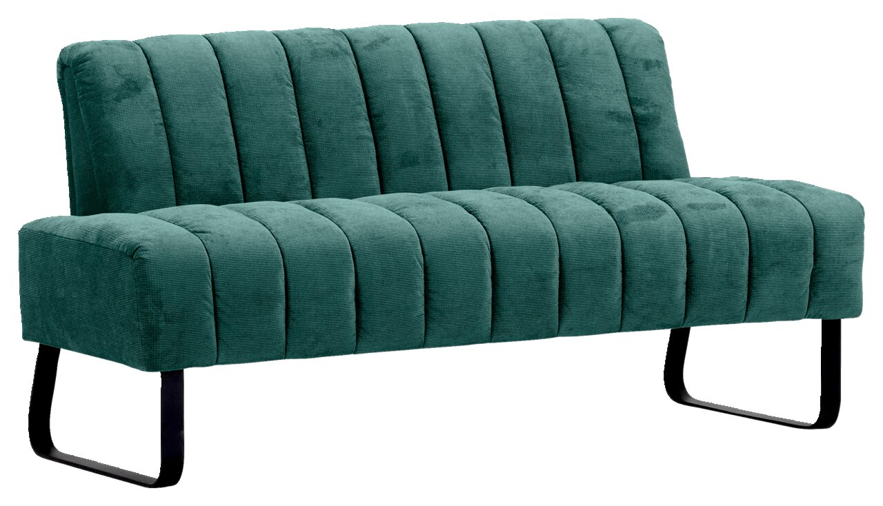 Novel 2,5er-Sitzbank LAILA Grüne 2,5er-Sitzbank mit vertikalen Steppnähten und schwarzen Metallbeinen, seitliche Perspektive