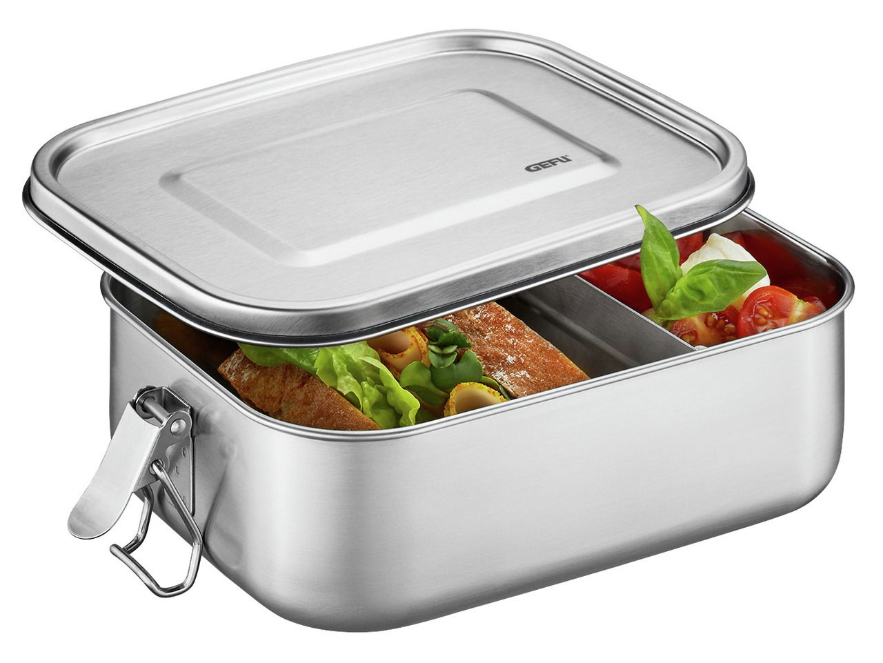 Edelstahl-Lunchbox ENDURE, klein, mit geöffnetem Deckel, gefüllt mit einem Sandwich und frischem Gemüse, seitliche Perspektive