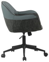 Moderner Drehstuhl in Seitenansicht mit grauem Stoffbezug und schwarzem Fußgestell auf Rollen.