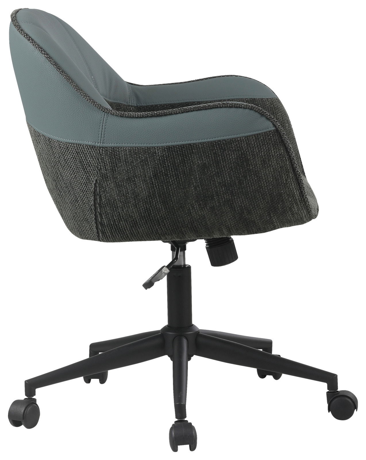 Moderner Drehstuhl in Seitenansicht mit grauem Stoffbezug und schwarzem Fußgestell auf Rollen.