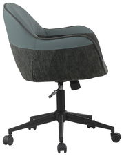 Moderner Drehstuhl in Seitenansicht mit grauem Stoffbezug und schwarzem Fußgestell auf Rollen.