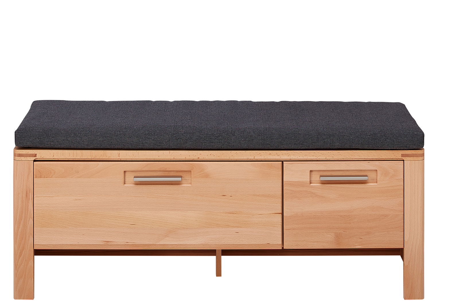 Frontansicht einer XL-Garderobenbank aus Holz mit zwei Schubladen und gepolsterter Sitzfläche in dunklem Stoff.