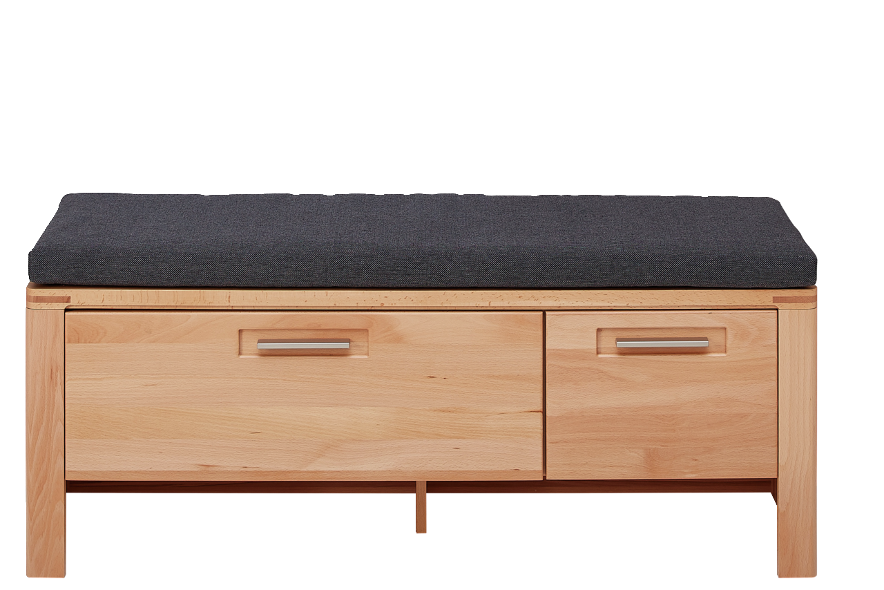 Frontansicht einer XL-Garderobenbank aus Holz mit zwei Schubladen und gepolsterter Sitzfläche in dunklem Stoff.