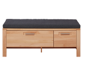 Frontansicht einer XL-Garderobenbank aus Holz mit zwei Schubladen und gepolsterter Sitzfläche in dunklem Stoff.