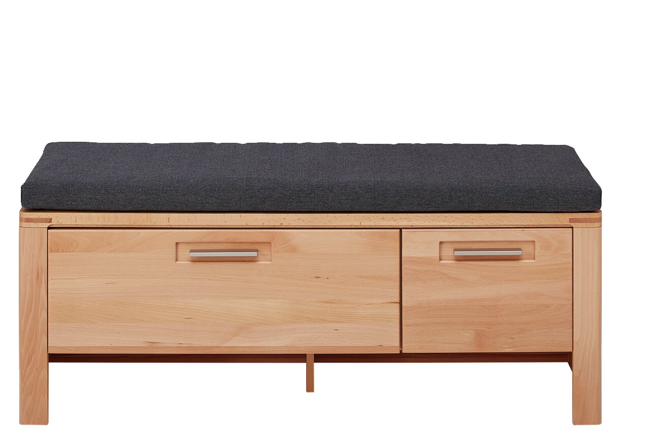 Frontansicht einer XL-Garderobenbank aus Holz mit zwei Schubladen und gepolsterter Sitzfläche in dunklem Stoff.