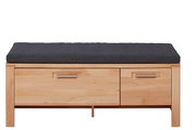 Frontansicht einer XL-Garderobenbank aus Holz mit zwei Schubladen und gepolsterter Sitzfläche in dunklem Stoff.