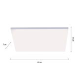 Moderne quadratische Deckenleuchte, Seitenansicht, 62 cm x 62 cm x 7 cm, minimalistisch und elegant.