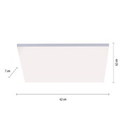Moderne quadratische Deckenleuchte, Seitenansicht, 62 cm x 62 cm x 7 cm, minimalistisch und elegant.
