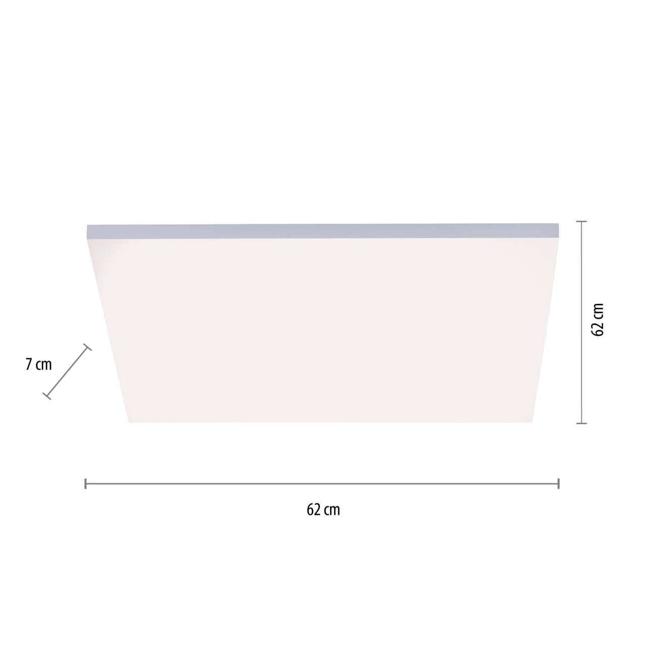 Moderne quadratische Deckenleuchte, Seitenansicht, 62 cm x 62 cm x 7 cm, minimalistisch und elegant.