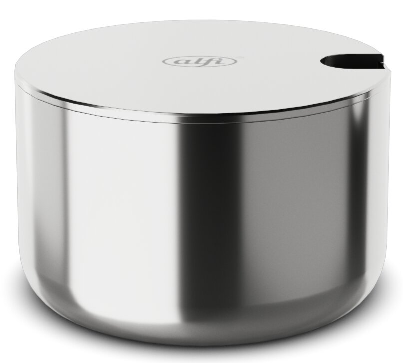 Edelstahl-Zuckerdose mit Deckel, seitliche Perspektive