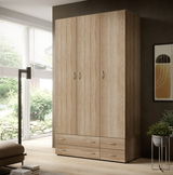 Dreitüriger Kleiderschrank mit Schubkastenuntersatz in Holzoptik, seitliche Perspektive