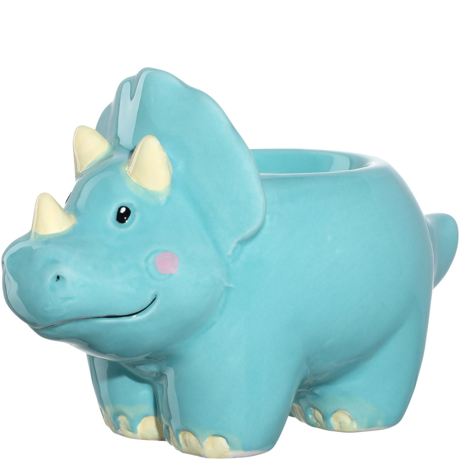 Blauer Eierbecher in Form eines Dinosauriers, seitliche Perspektive