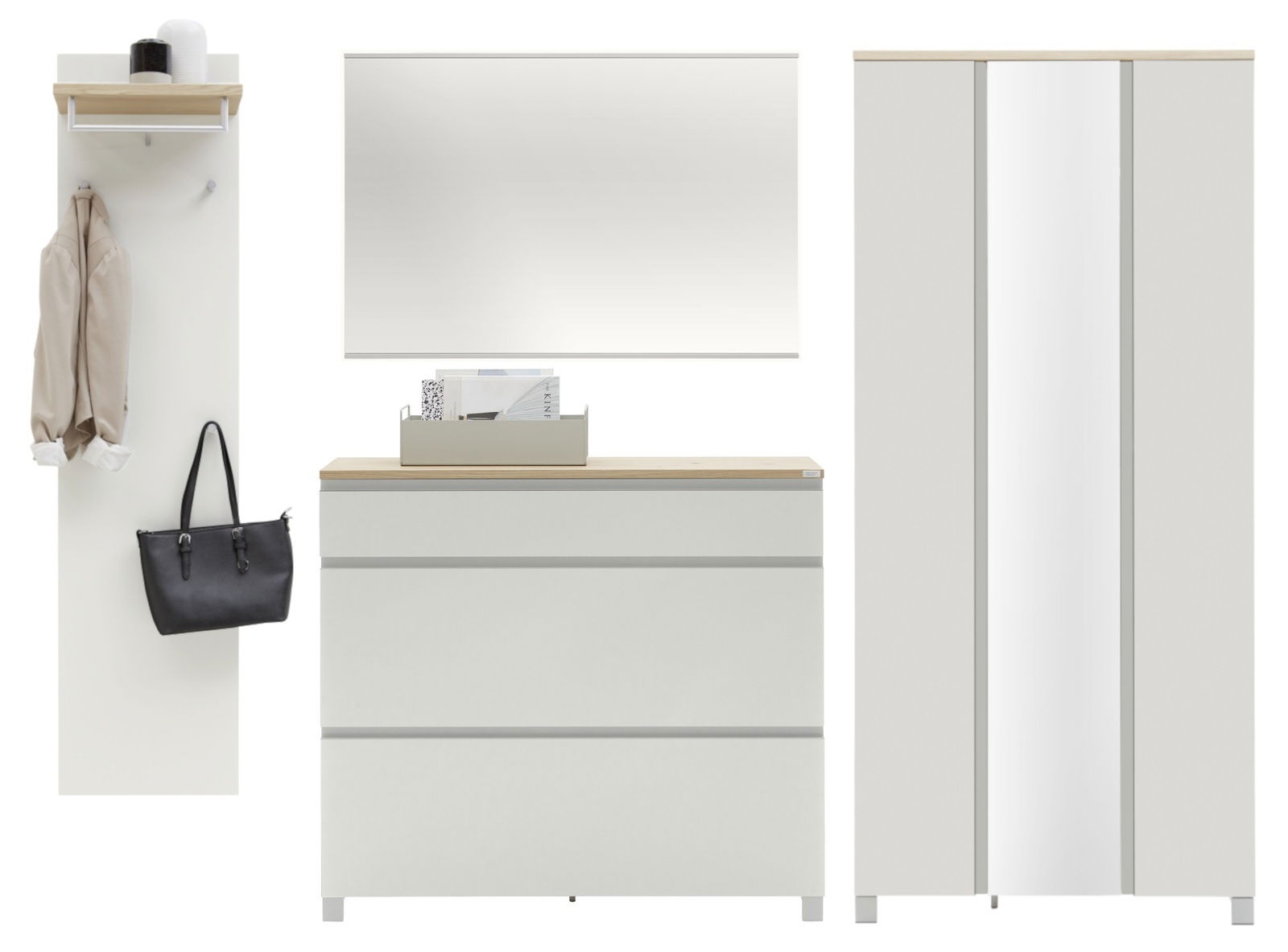 Garderoben-Set 4-tlg. in moderner, minimalistischer Optik mit weißem Finish und Holzdetails, bestehend aus einem Spiegel, einer Kommode, einem Kleiderschrank und einer Wandgarderobe. Frontalansicht.