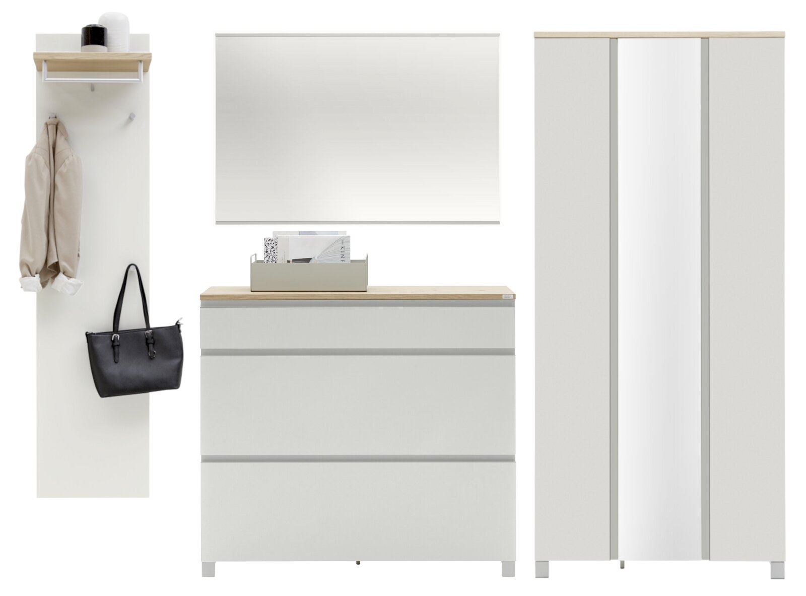 Garderoben-Set 4-tlg. in moderner, minimalistischer Optik mit weißem Finish und Holzdetails, bestehend aus einem Spiegel, einer Kommode, einem Kleiderschrank und einer Wandgarderobe. Frontalansicht.