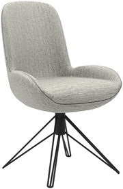 Moderner grauer Stuhl mit gepolsterter Sitzfläche und schwarzem Metallgestell, seitliche Perspektive