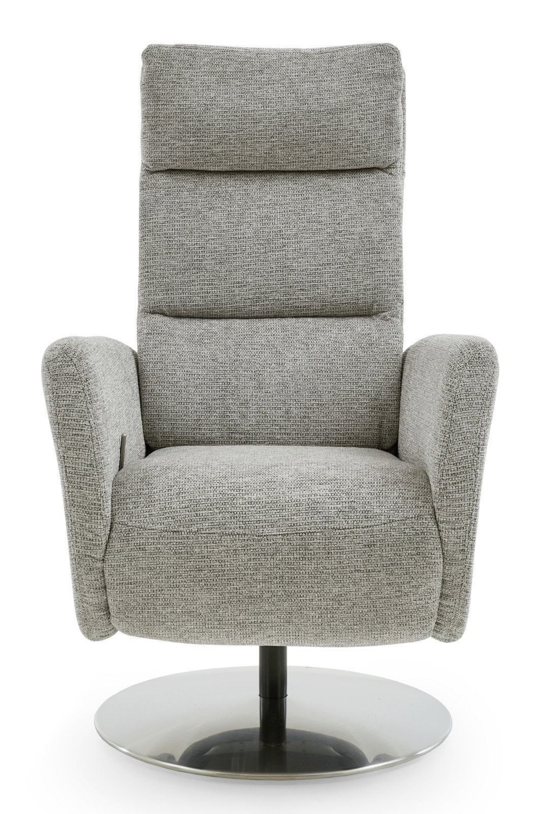Grauer Relaxsessel mit hoher Rückenlehne und rundem Metallfuß, Frontalansicht.