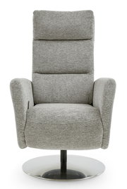 Grauer Relaxsessel mit hoher Rückenlehne und rundem Metallfuß, Frontalansicht.