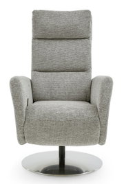 Grijze relaxfauteuil met hoge rugleuning en ronde metalen voet, vooraanzicht.