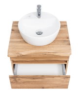 Waschtisch-Set aus Holz mit rundem weißen Waschbecken und geöffneter Schublade, Ansicht von oben