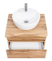 Waschtisch-Set aus Holz mit rundem weißen Waschbecken und geöffneter Schublade, Ansicht von oben