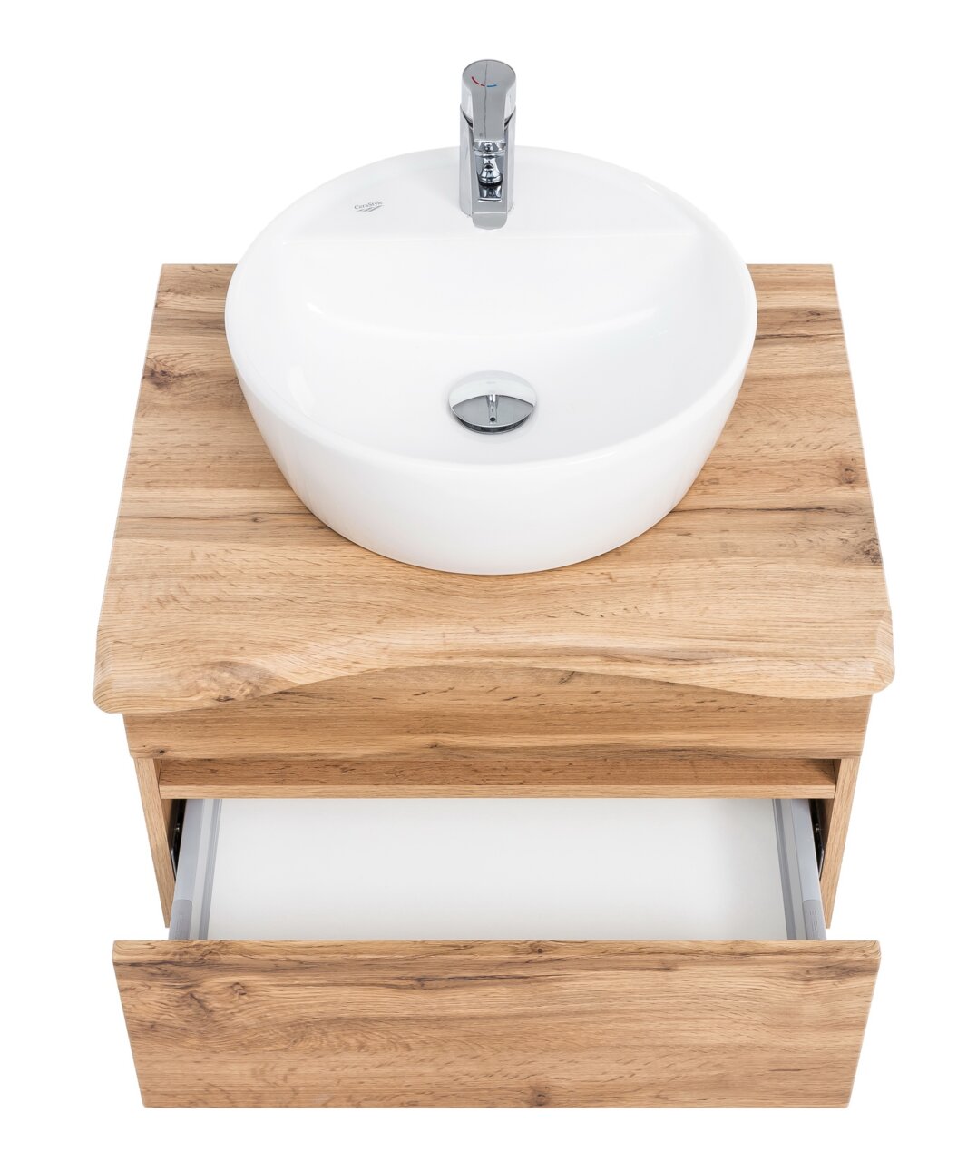 Houten wastafelmeubel met ronde witte wasbak en open lade, gezien van bovenaf